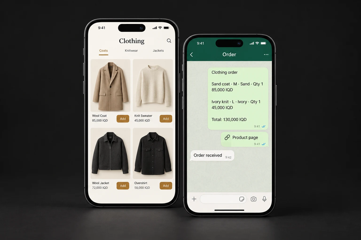 Clothing catalog and WhatsApp order preview